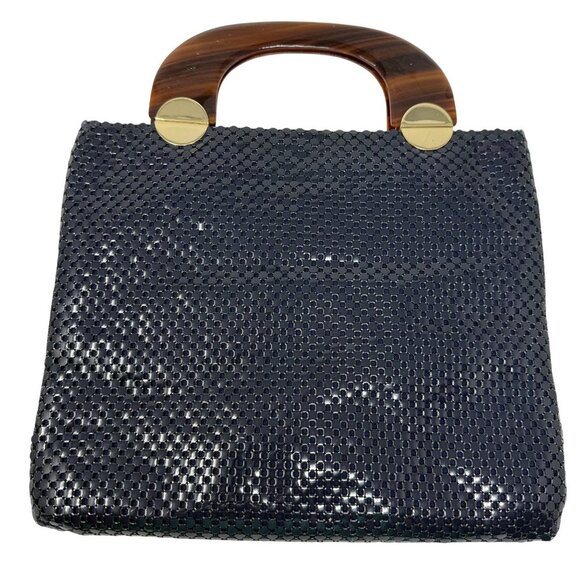 Vintage Whiting & Davis Navy Mesh Handbag Faux Tortoiseshell Handles Gold Hardwa - Picture 2 of 7